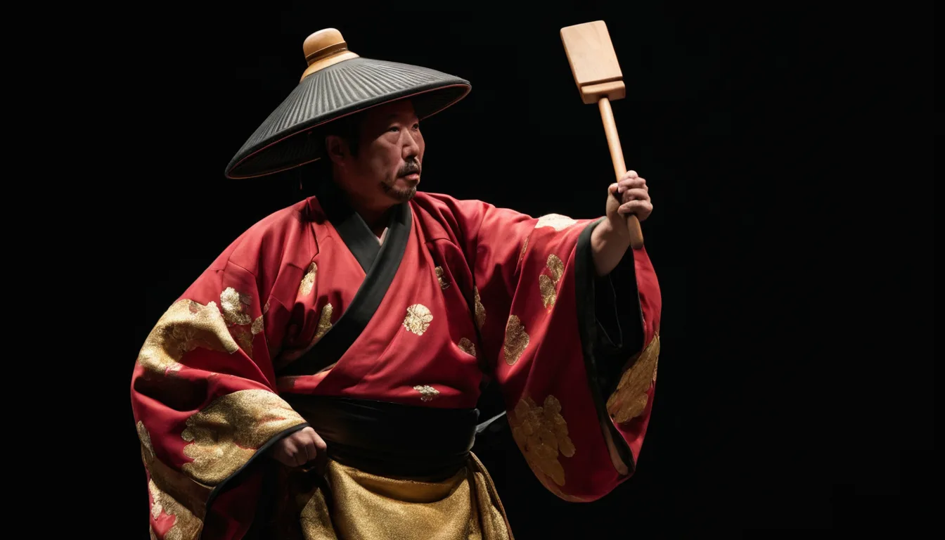 Illustration d'un gyoji en costume traditionnel levant son gunbai, l'éventail de guerre, sous une lumière dramatique.