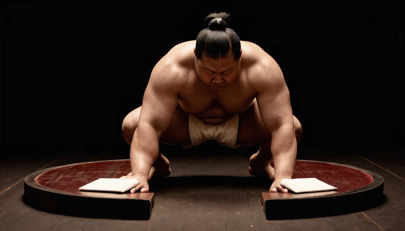 Illustration d'un lutteur de sumo générique accroupi recevant une liasse d'enveloppes blanches sur l'éventail de l'arbitre.