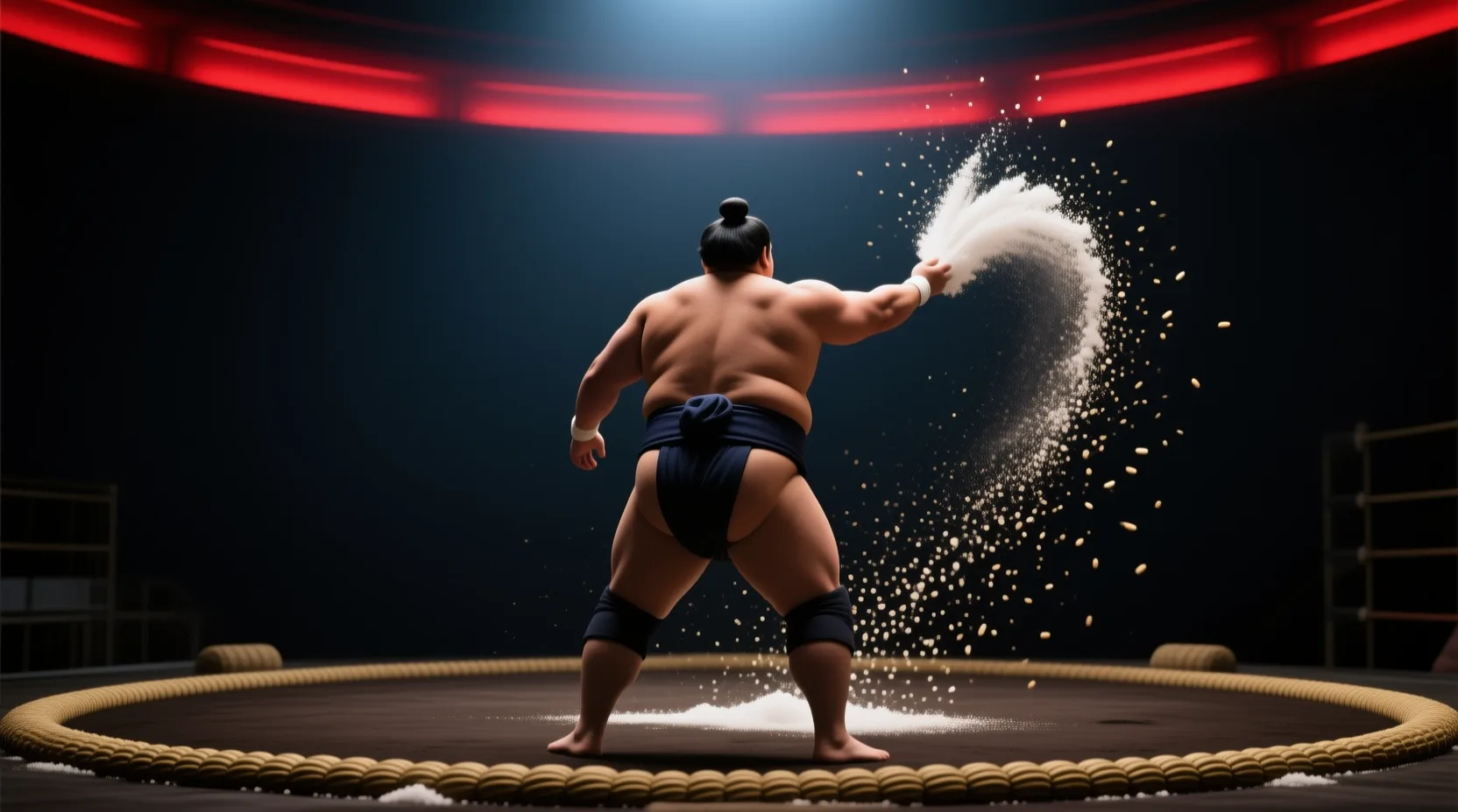 Illustration d'un lutteur de sumo générique lançant une poignée de sel au-dessus du dohyo, dans la pénombre.