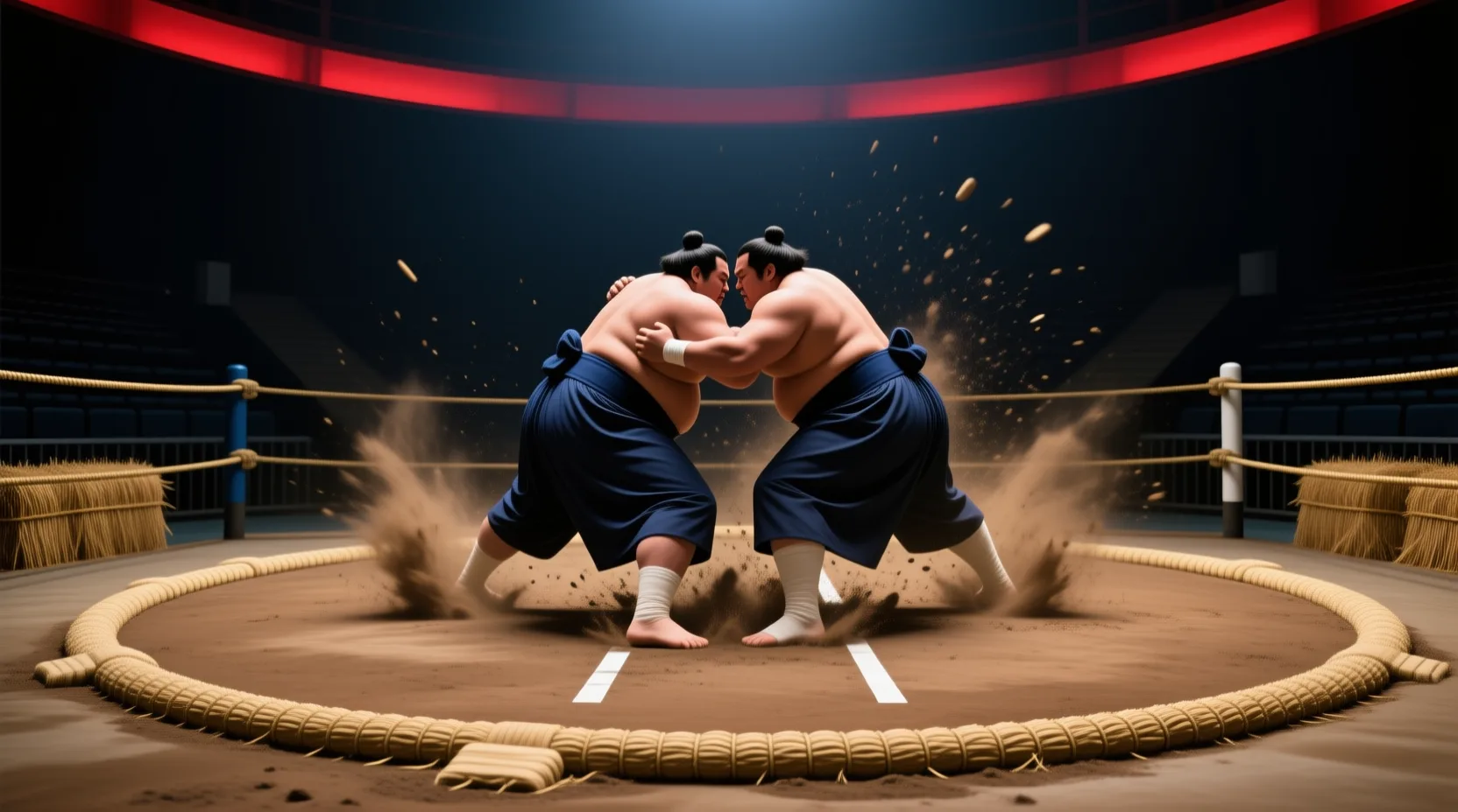 Illustration de deux lutteurs de sumo génériques se percutant au centre du dohyo, poussière d'argile en suspension.