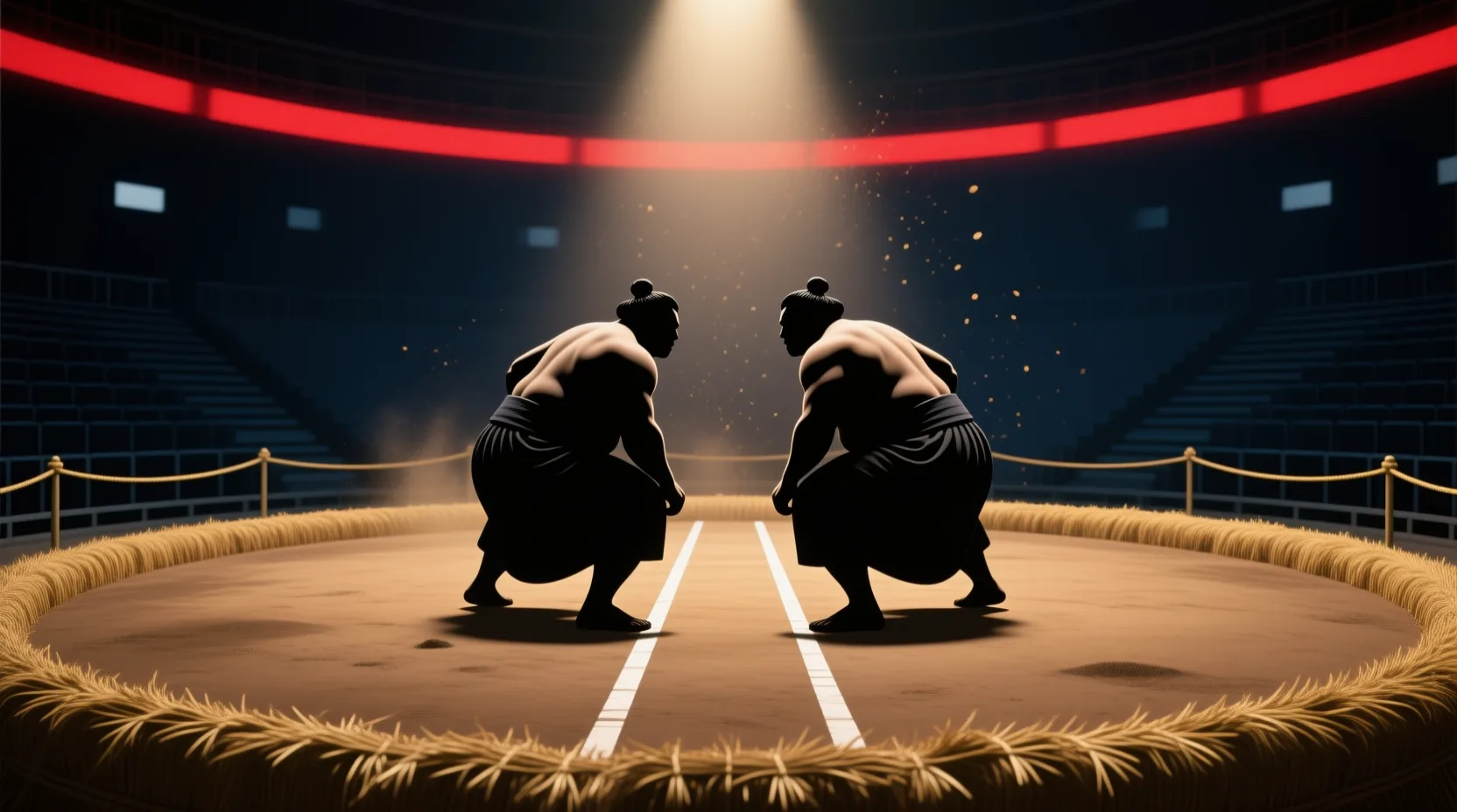 Illustration d'un dohyo sous les projecteurs, deux silhouettes de lutteurs face à face dans la pénombre d'une arène.