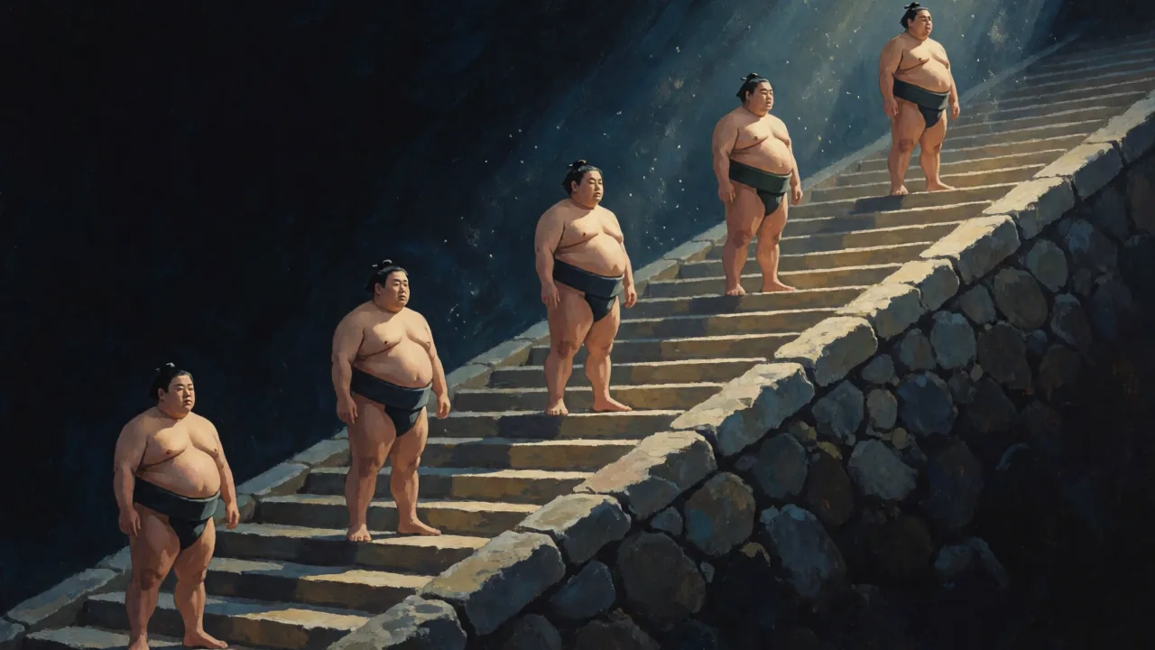 Illustration peinte de cinq lutteurs de sumo génériques montant un escalier de pierre en diagonale, un par marche, le plus haut seul dans un rai de lumière sur fond de nuit.