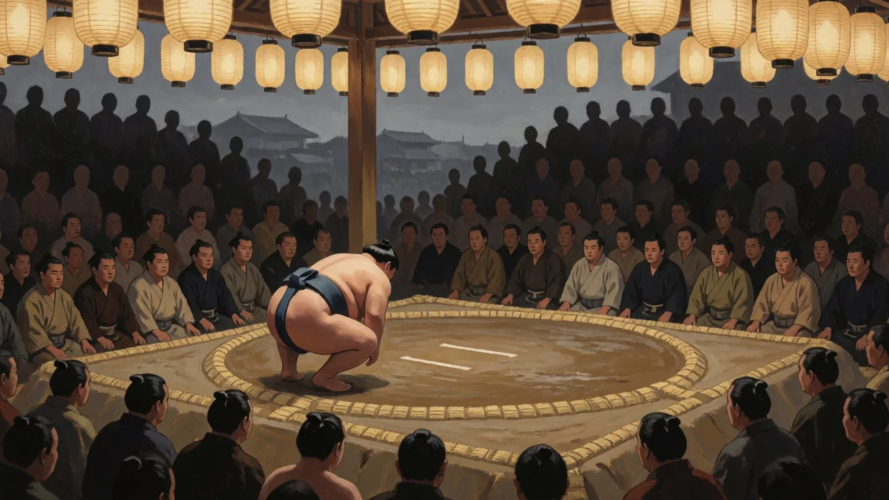 Illustration peinte d'un lutteur de sumo générique accroupi au bord d'un cercle d'argile vide, sous des rangées de lanternes en papier, devant une foule en silhouettes.