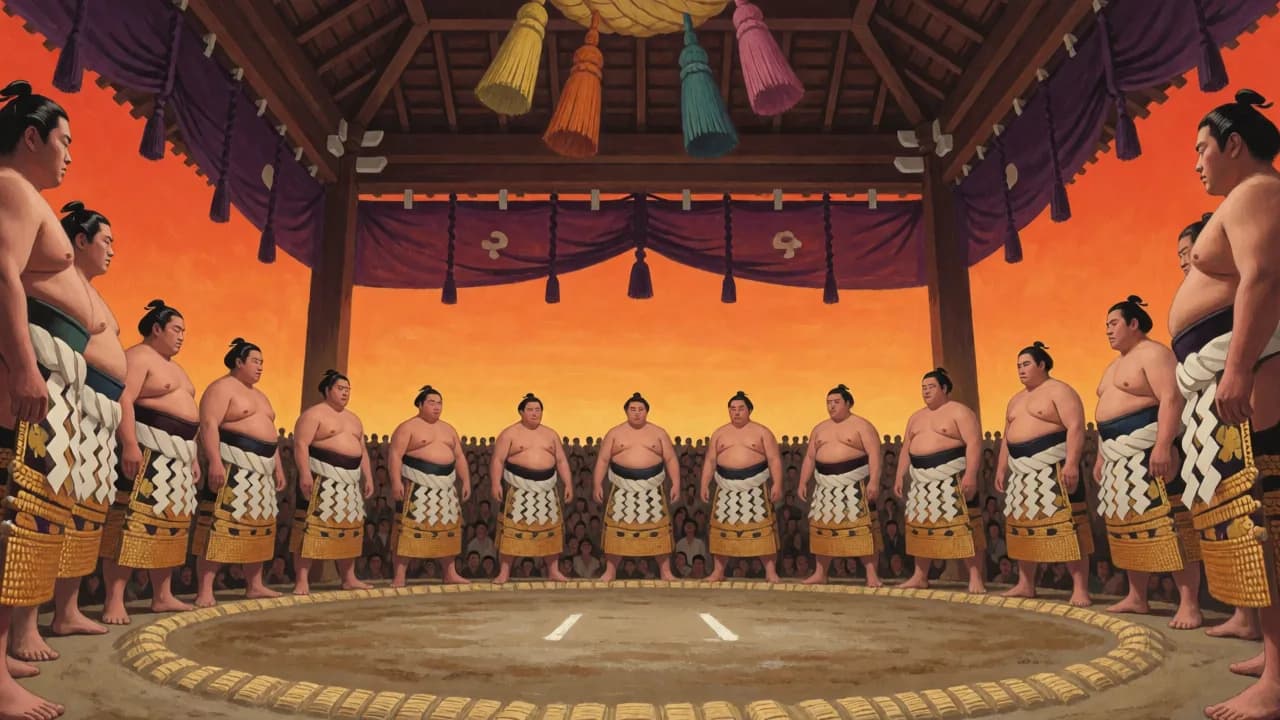 Illustration peinte d'une cérémonie d'entrée sur le dohyo, vue au ras du cercle d'argile : des lutteurs de sumo génériques en tabliers de cérémonie forment un cercle sous le toit suspendu et ses pompons, sur un ciel orange de couchant.